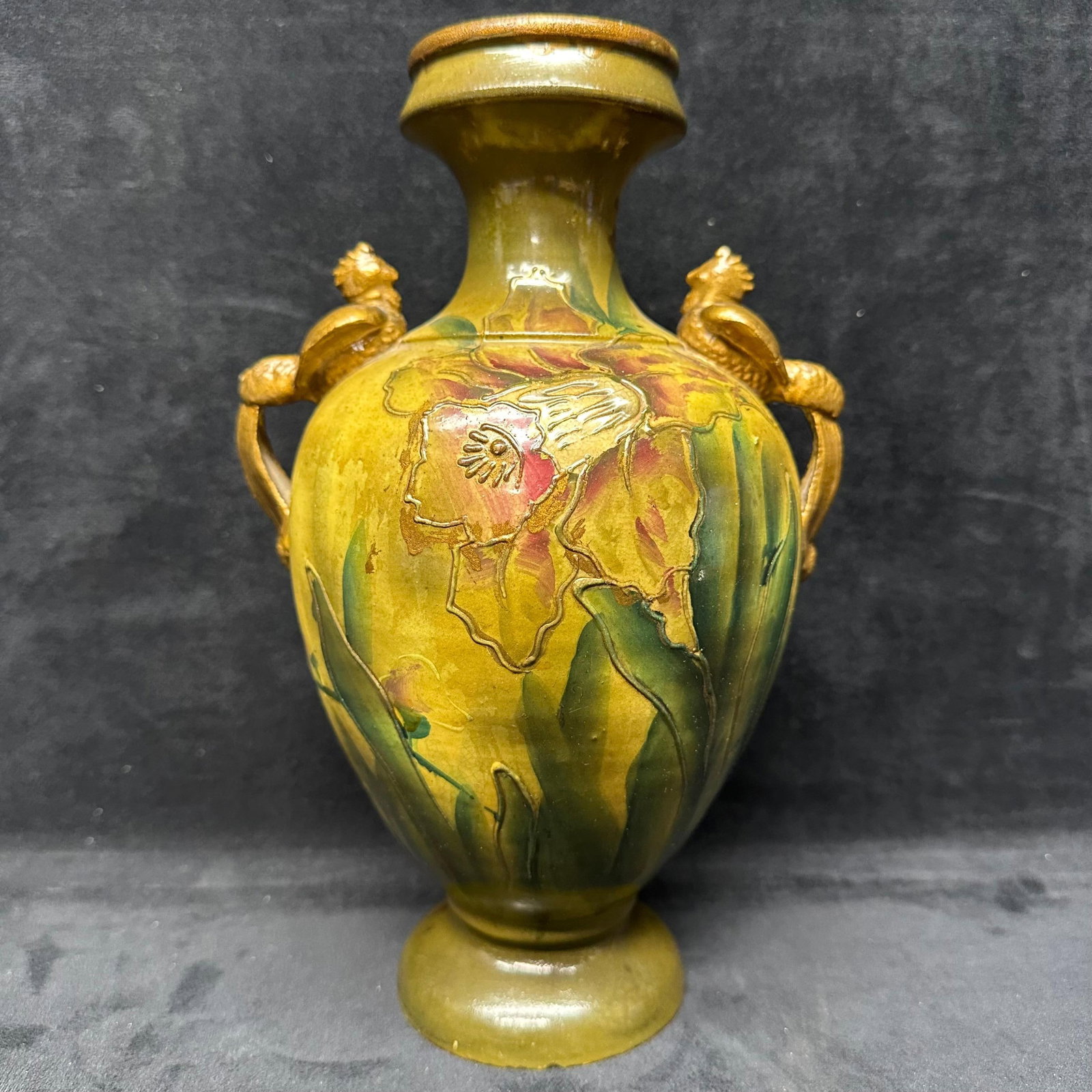 Antique Art Pottery Amphora Japanese Style Vase Phoenix Bird Handles Iris Flowers: No visible hallmarks noticed. Condition is good overall with no visible cracks; light surface wear consistent with normal handling. Please review photos for full condition details. Measurements: 10