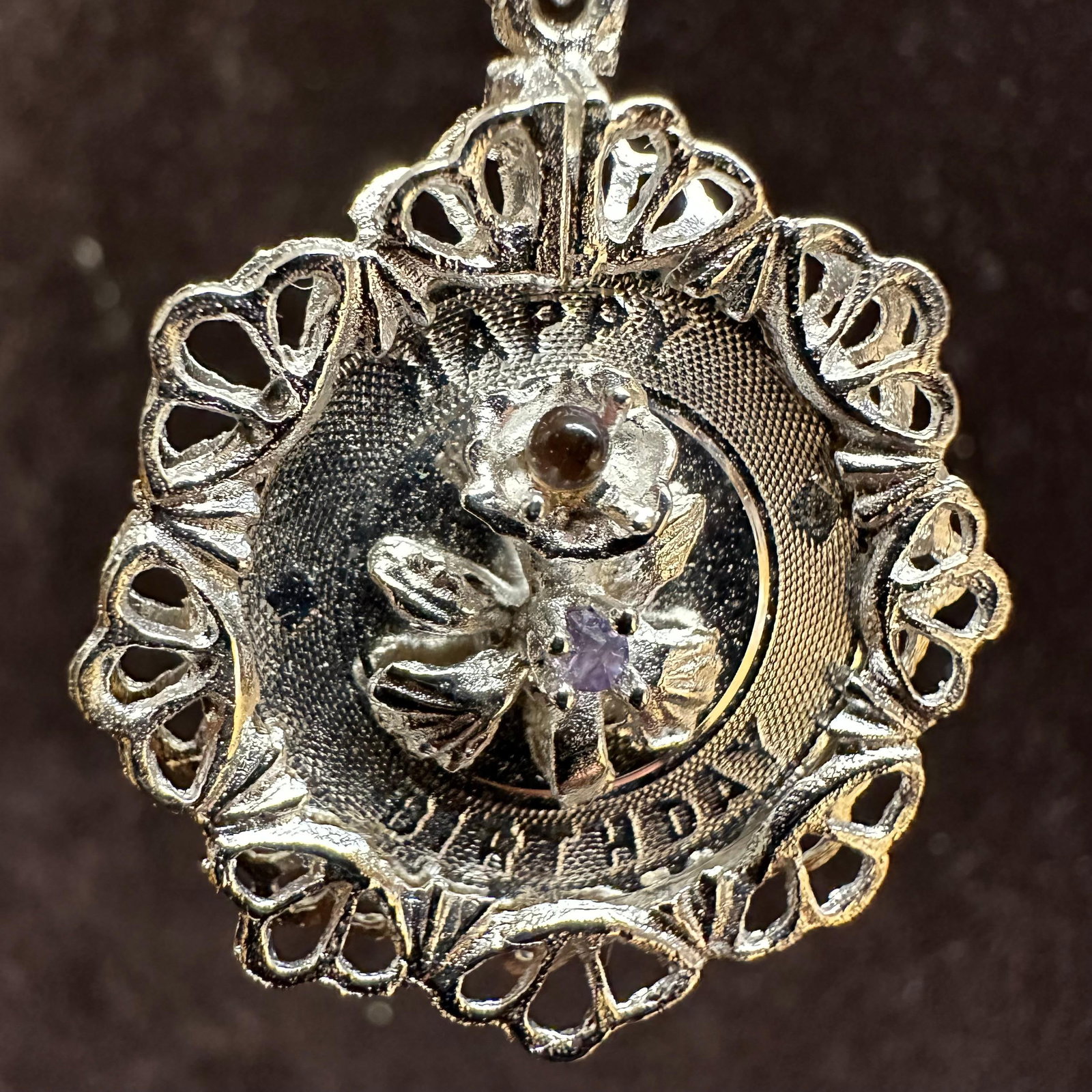 Sterling Silver Happy Birthday Pendant Q61 Purple Accents: This item is in good pre-owned, previously used/displayed condition with noticeable light wear and surface scratches. Please reference all photos for full details. This piece of jewelry has been