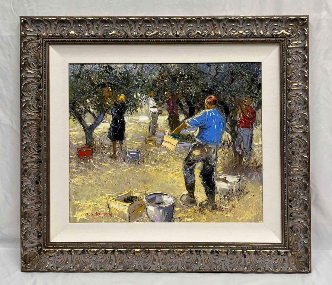 Original Oil On Canvas "Olive Harvest" By French Artist Andre Deymonaz: This lot contains a Original Oil On Canvas "Olive Harvest" By Andre Deymonaz. Deymonaz was born in 1946 in Casablanca and grew up in Provence. As the son of a sailor, he traveled