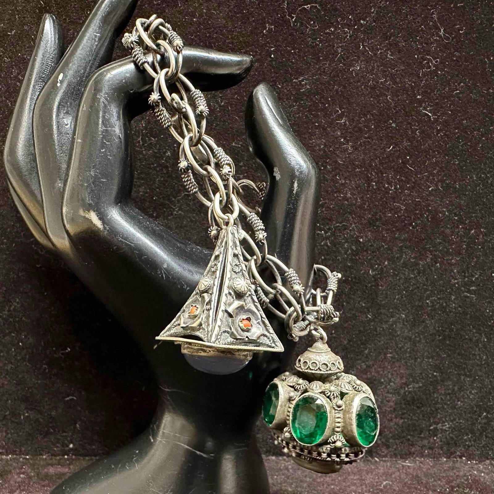 Chalcedony and Faux Green Glass Stone Charms 800 Silver Etruscan Revival Style Link Bracelet H54: This item is in good pre-owned, previously used/displayed condition with noticeable light wear, and surface scratches. Please reference all photos for full details. This piece of jewelry has been