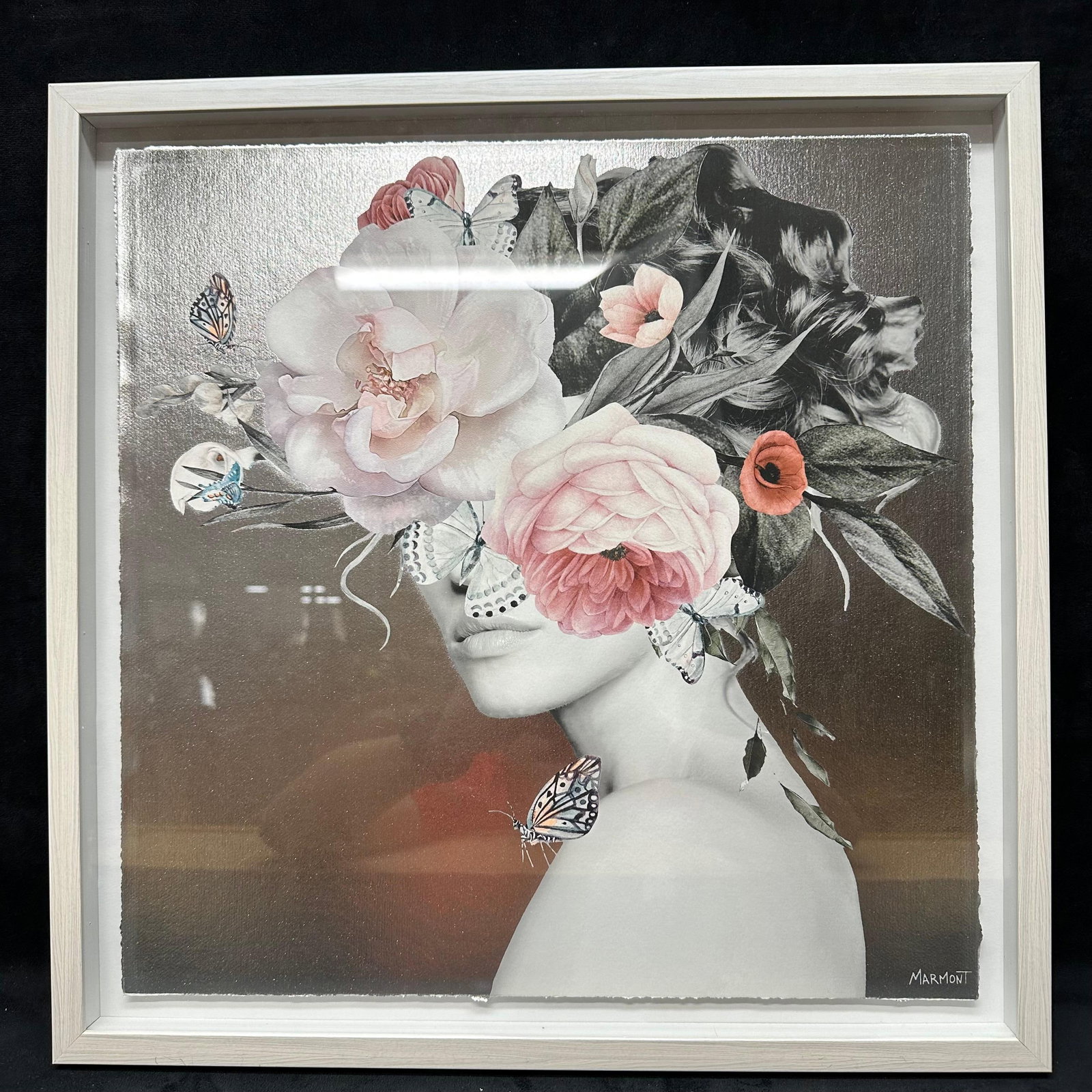 Butterflies and Peonies Marmont Hill Hand Foiled And Framed Glamour Art Print: A photographic print that features the side profile of a woman with pink flowers and a few butterflies that overlap her face. Proudly printed in the USA, this piece is printed on high-quality archival