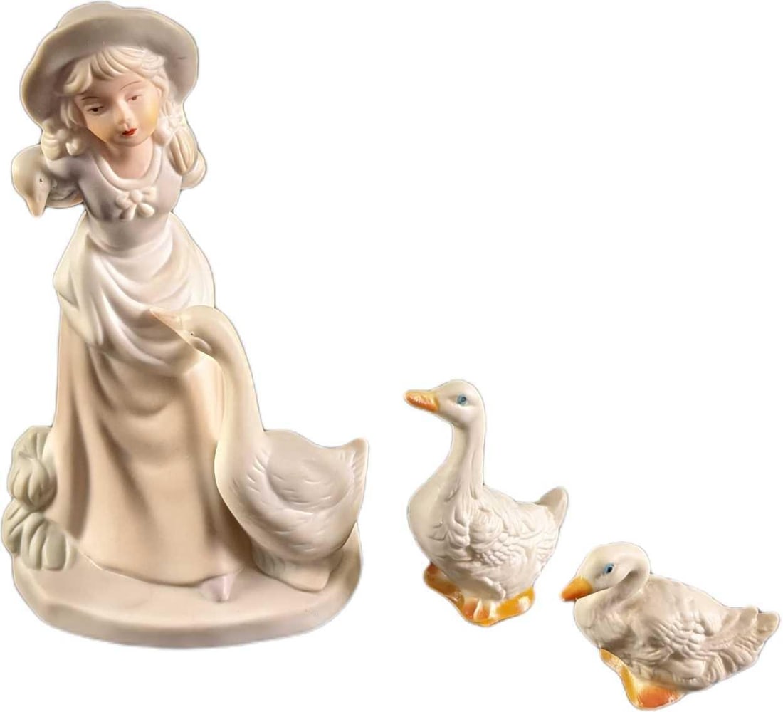 Vintage Goose Girl With Geese Fine China Figurines Lot: It's all about the geese for this lot, which includes: (1) Playful Goose with Girl and Gosling Figurine. Maker and date of creation is unknown. Is approx 3 1/2" x 2 1/2" x 6". Mad
