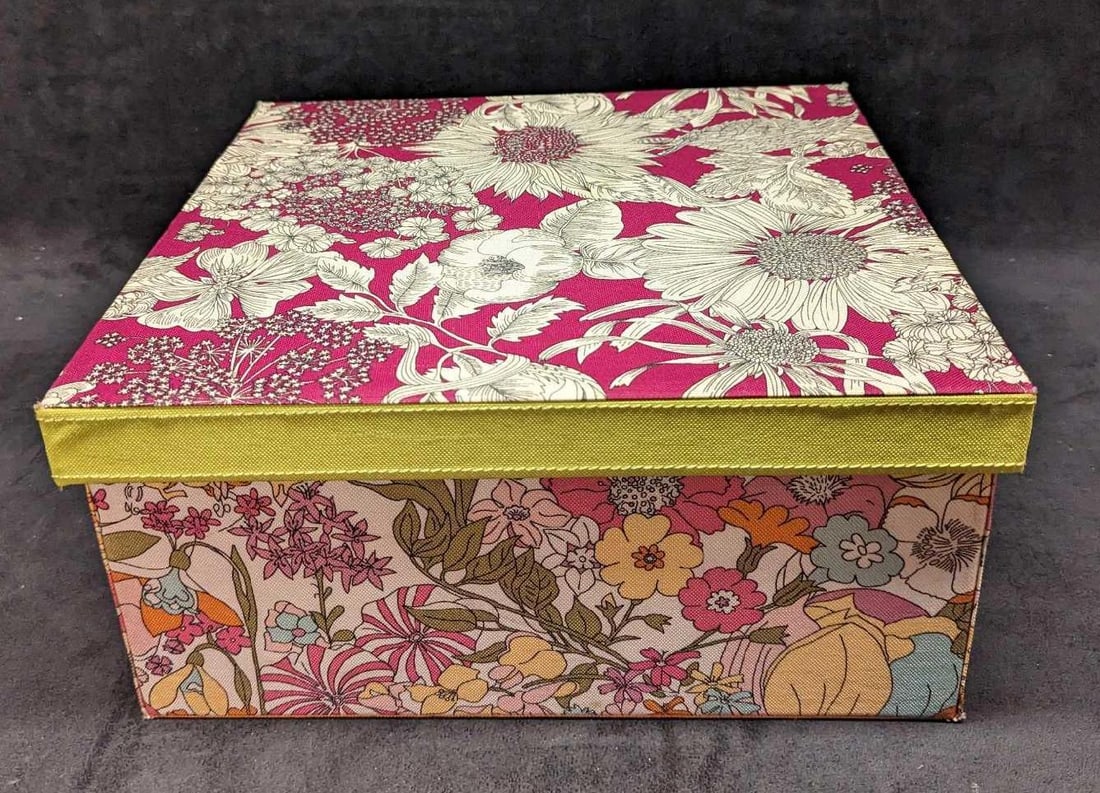 Colorful Floral Decorative Storage Box: Colorful Floral Decorative Storage Box. Its maker and date of creation is unknown. The box is approx 13 1/2" x 6 1/4" x 12 7/8" and it weighs 2.34lbs. The box has a light marking on the top.Both the