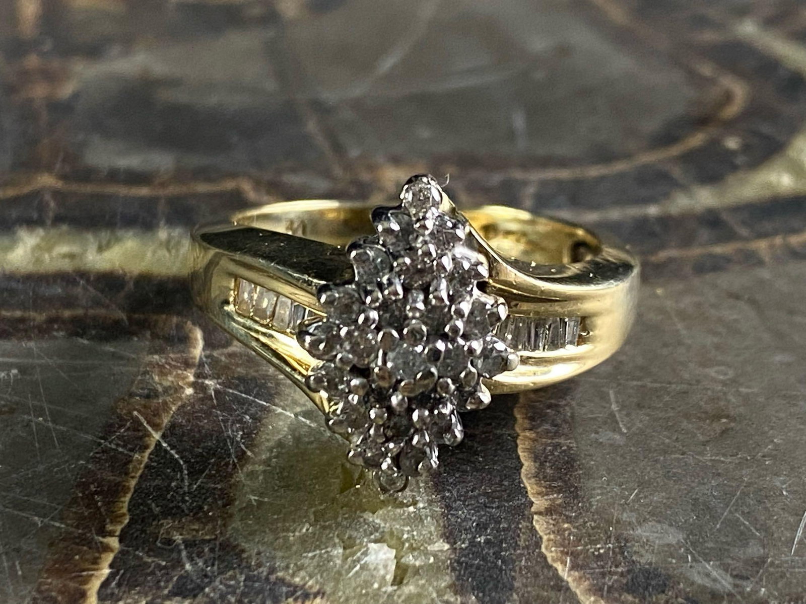 Vintage 10K Gold Natural Diamond Cluster Ring: This authentic vintage piece has been tested and researched prior to listing . Please view al our pictures they are part of our description Details: Metal- 10 K Gold Color - Yellow Stones