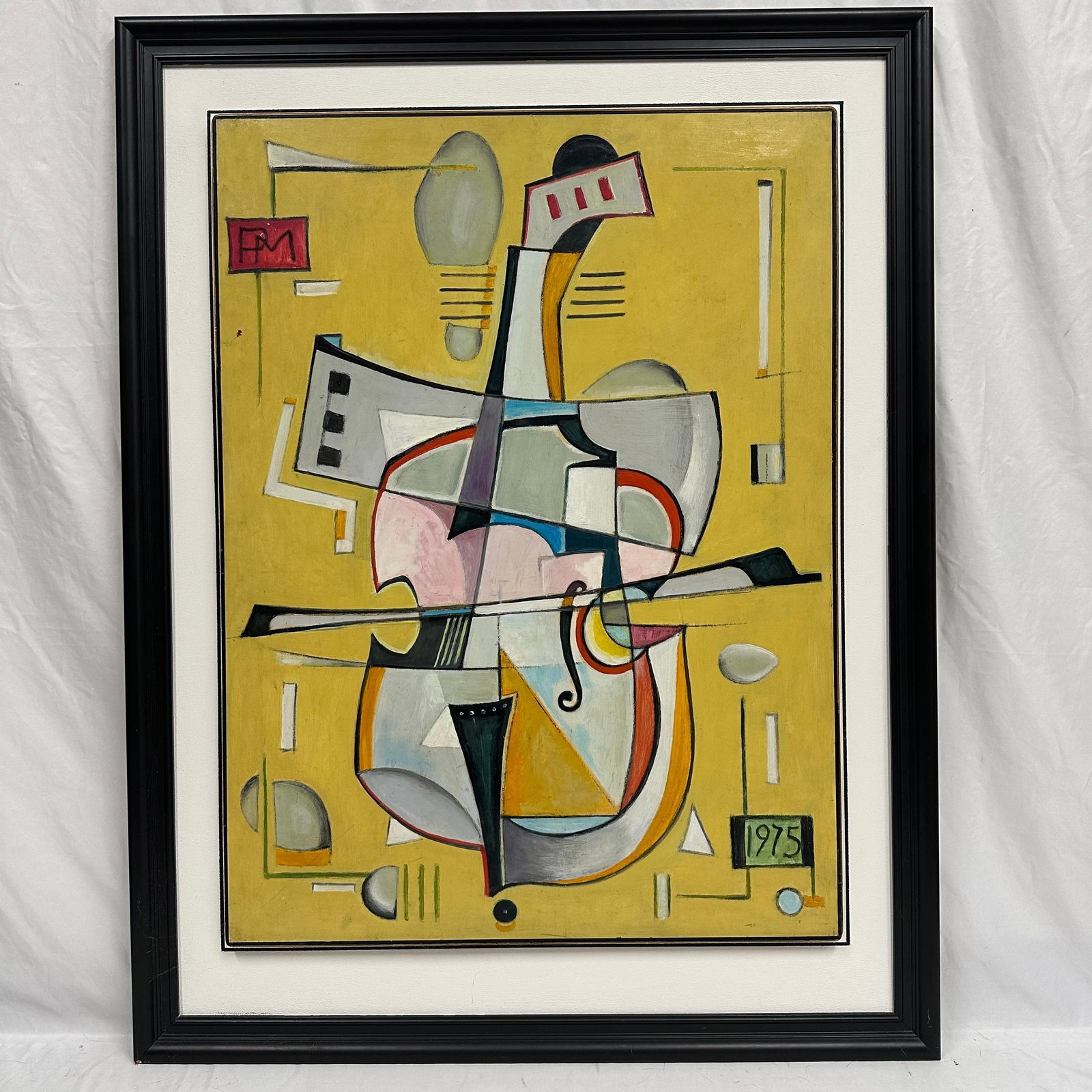 Abstract Modernist Painting Signed PM Dated 1975 Framed Violin Design Painted Wood Board: Abstract modernist composition featuring geometric and biomorphic forms in muted tones on a yellow ground. A violin-type design shape. The work is signed with the monogram PM at upper left a