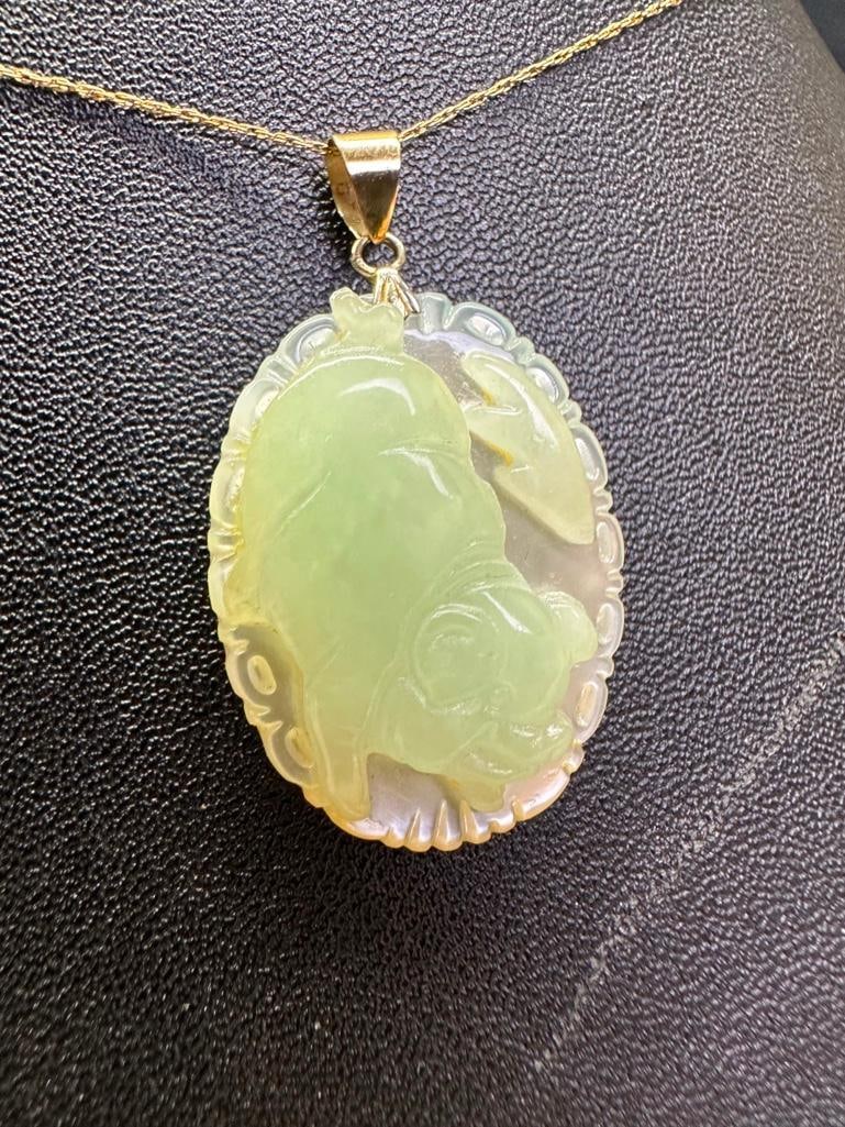 Jade Pig Zodiac Pendant Mother of Pearl 14k Gold: This piece of jewelry has been tested and researched prior to listing. Please view all our pictures they are part of our description. DETAILS: Metal - 14k Gold Color - Yellow Gold Stones - Jade, Mothe