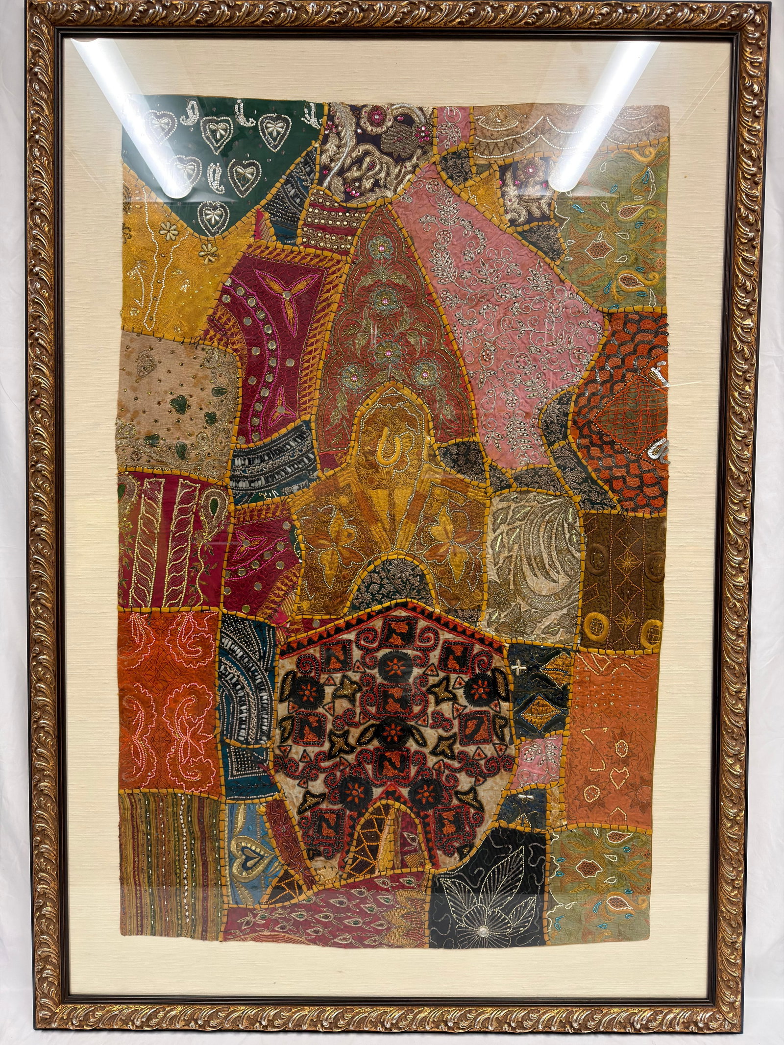 Framed Indian Patchwork Embroidered Colorful Textile Wall Hanging - 2