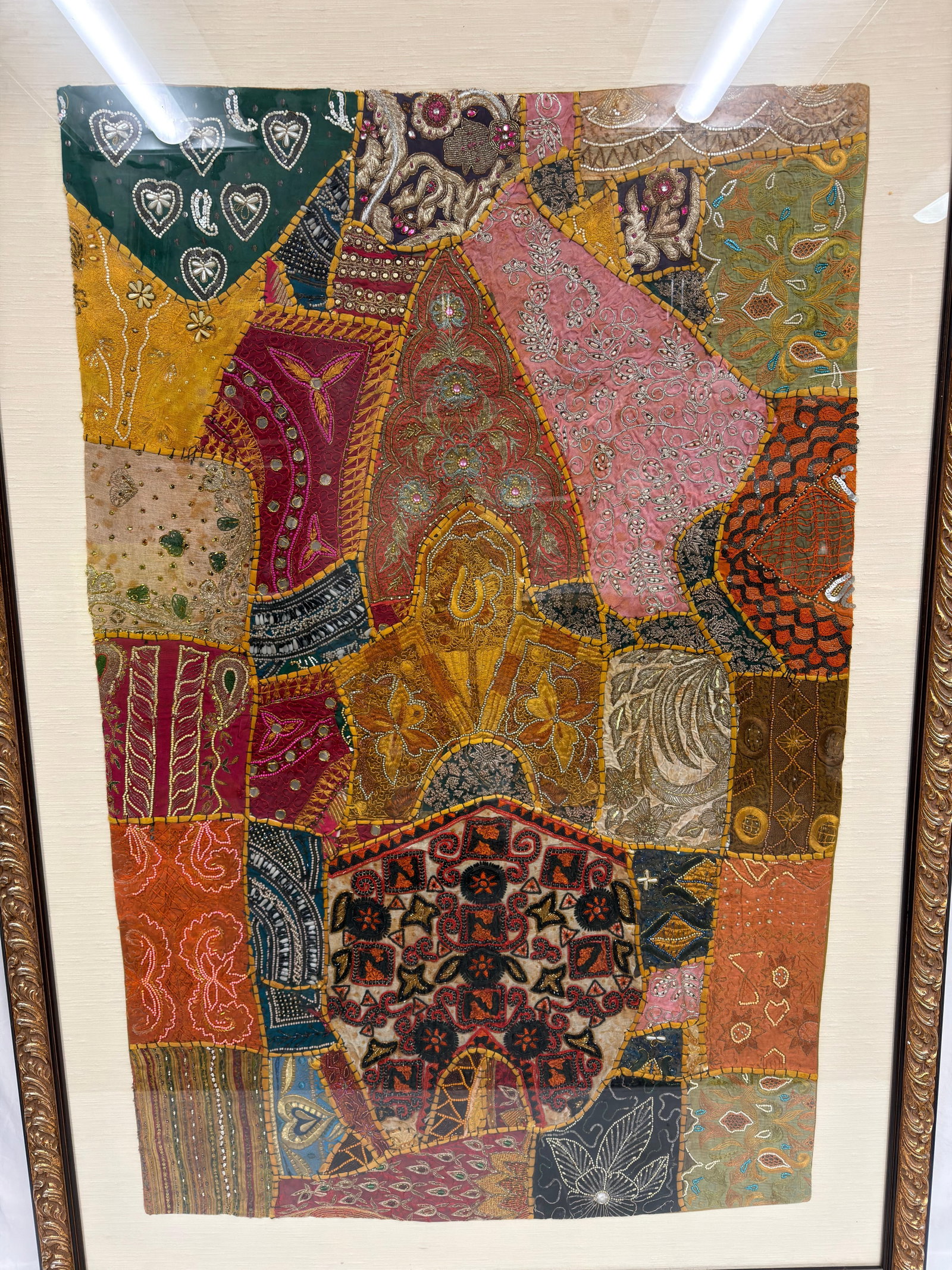 Framed Indian Patchwork Embroidered Colorful Textile Wall Hanging - 3