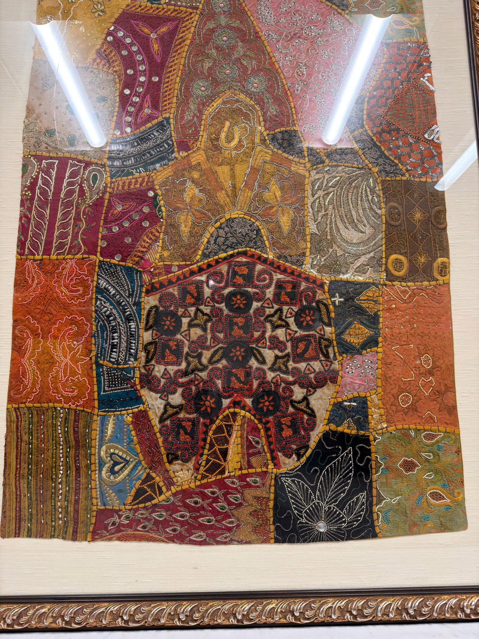 Framed Indian Patchwork Embroidered Colorful Textile Wall Hanging - 4