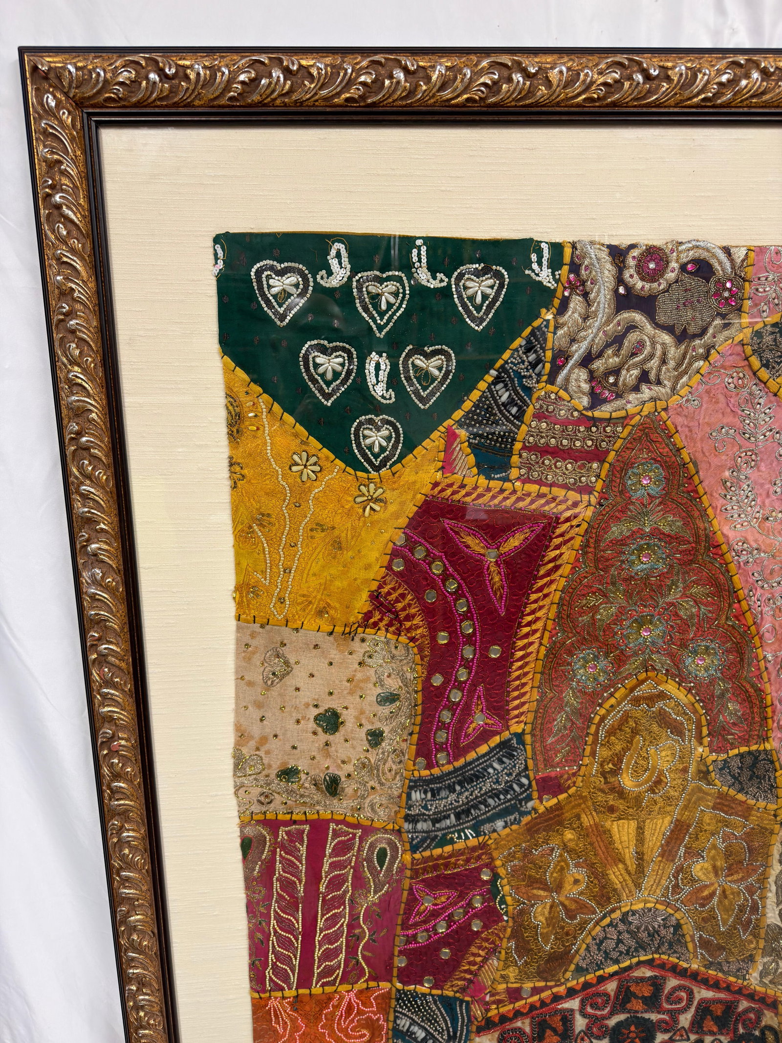 Framed Indian Patchwork Embroidered Colorful Textile Wall Hanging - 6