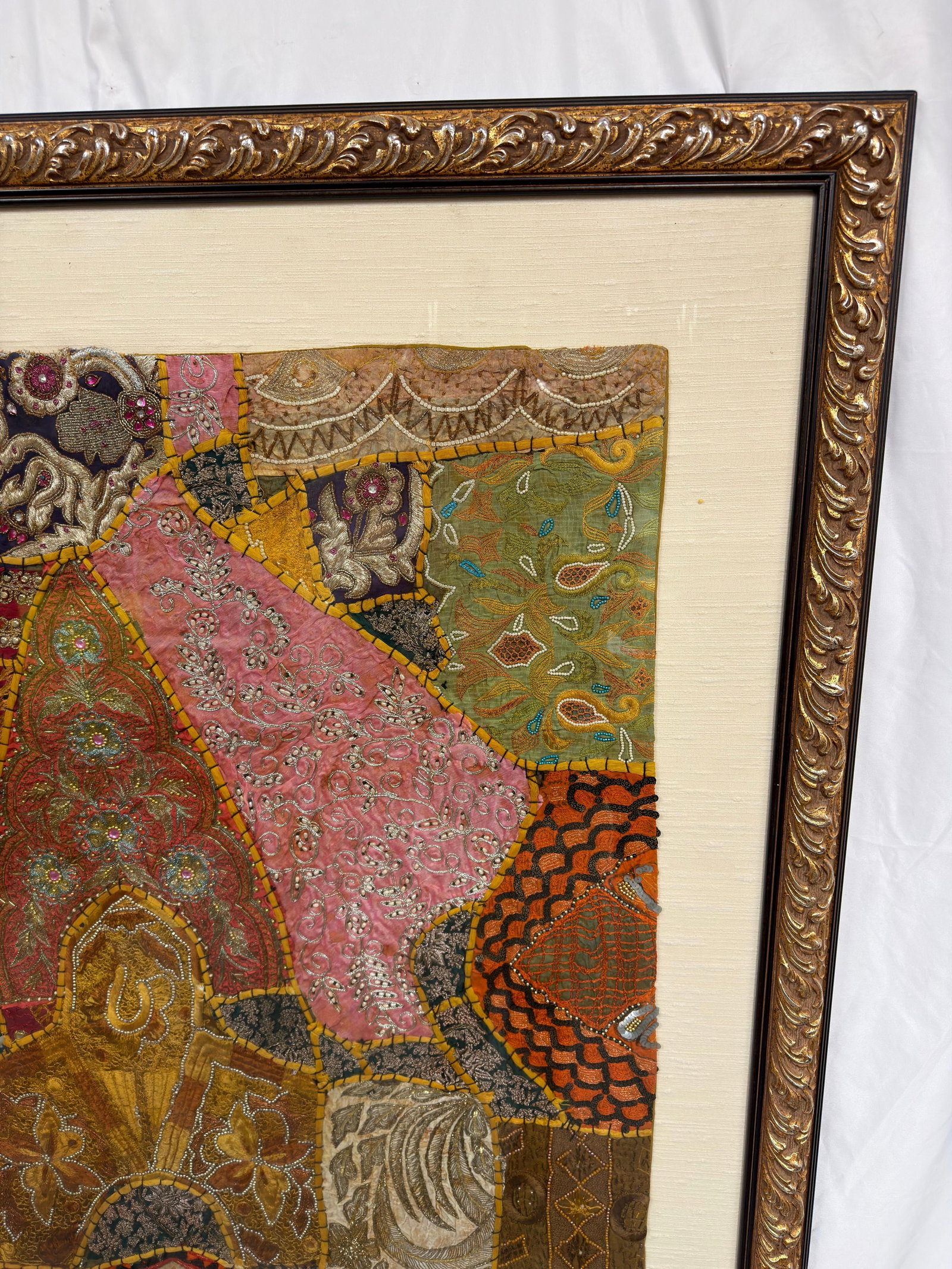 Framed Indian Patchwork Embroidered Colorful Textile Wall Hanging - 7