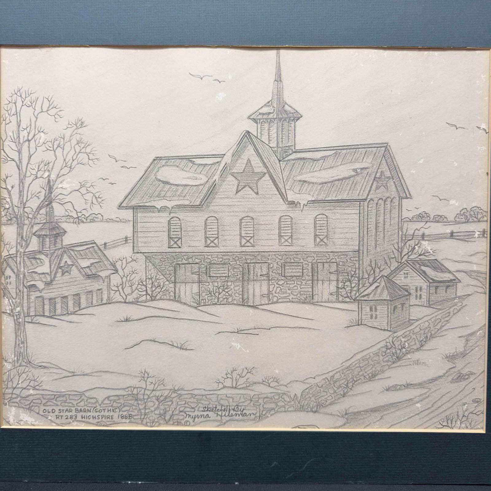 Myrna Hileman Pencil Sketch Old Star Barn Gothic Drawing: Myrna Hileman Pencil Sketch Old Star Barn Gothic. Pencil sketch by Myrna Hileman titled Old Star Barn (Gothic) RT 283 Highspire 1868. This sketch pencil drawing is matted with a cardboard backer. The 