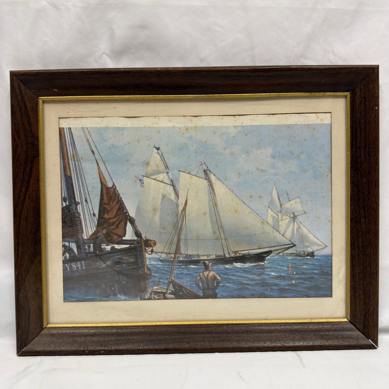 Framed Nautical Ship Art Print Sailing Yachts: Unmarked, unknown artist framed nautical art print. This item is in pre-owned, previously displayed condition with light wear and surface scratches. Please reference all photos for full condition deta