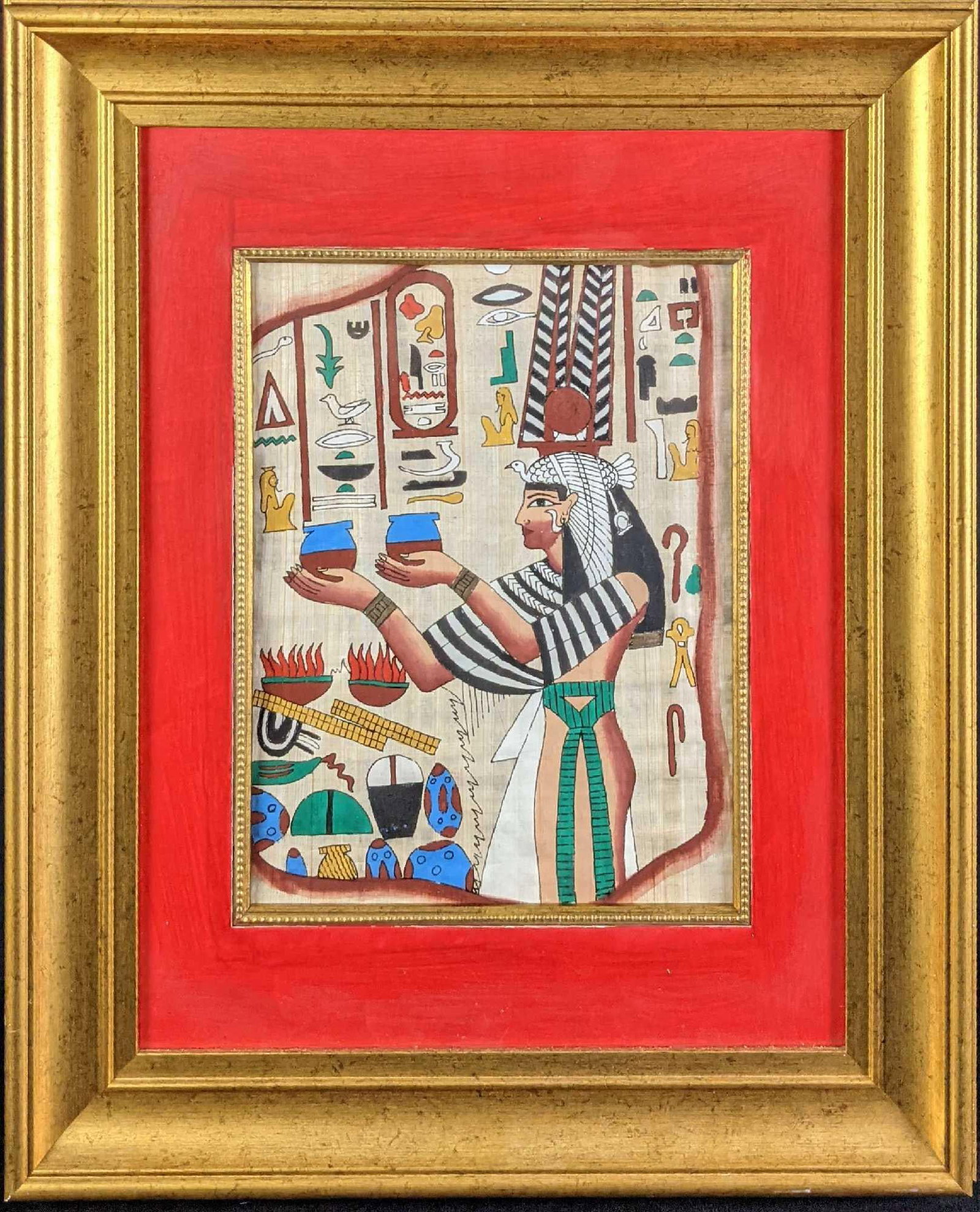 Framed Egyptian Hieroglyphic Hand Painted Papyrus Art: Framed Egyptian Hieroglyphic Hand Painted Papyrus Art. Art shows what appears to be a priest holding two vials. Are these potions? Is not signed by the artist. The original is approx 18 1/2" x 2" x 22