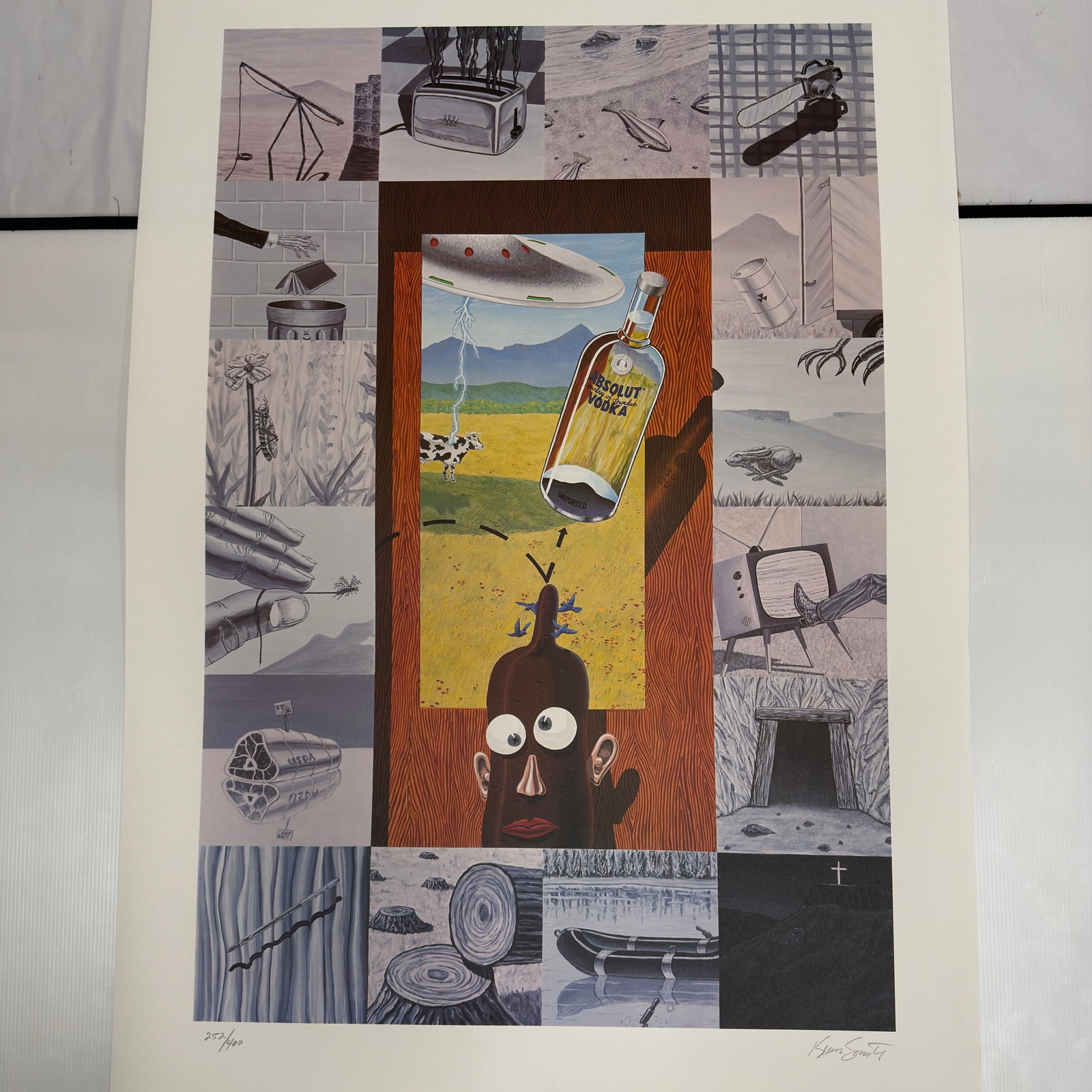 Kenny Scharf Pop-Surrealist Cartoon Style Absolut Ad Art Print Signed and Numbered 252 of 400: Signed and numbered art print by Kenny Scharf featuring a surreal collage composition centered around an Absolut Vodka bottle. Pencil-signed in the lower right and hand-numbered 252/400 in the