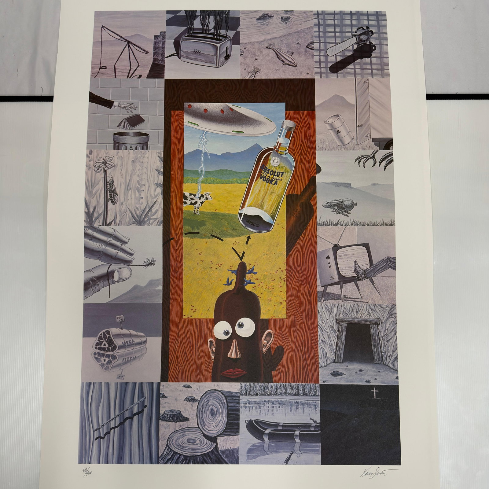 Kenny Scharf Pop-Surrealist Cartoon Style Absolut Ad Art Print Signed and Numbered 32 of 400: Signed and numbered art print by Kenny Scharf featuring a surreal collage composition centered around an Absolut Vodka bottle. Pencil-signed in the lower right and hand-numbered 32/400 in the lower