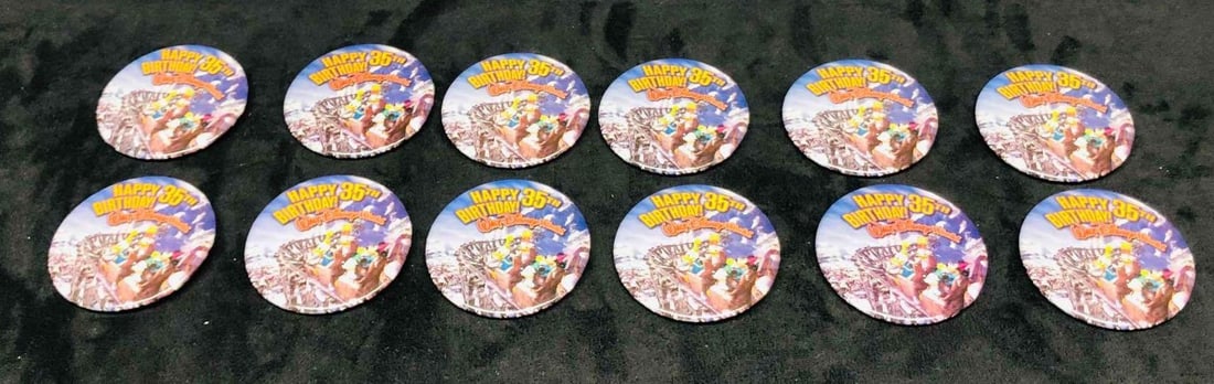 12 "Happy 35th Birthday!" Walt Disney World Pins: This lot contains 12 "Happy 35th Birthday!" Walt Disney World Pins. Each Button is approx 2 1/2" x 1 1/2" and altogether they weigh about 0.3lbs. Overall the Buttons are in good used condition with so