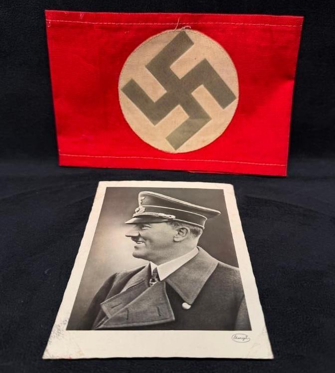 Nazi Party Member Arm Band & Hitler Postcard: Nazi Party Member Arm Band & Hitler Postcard Arm band for a Nazi Party (NSDAP) member and a period postcard of Adolf Hitler. The armband appears to be original and in good condition, with some fad