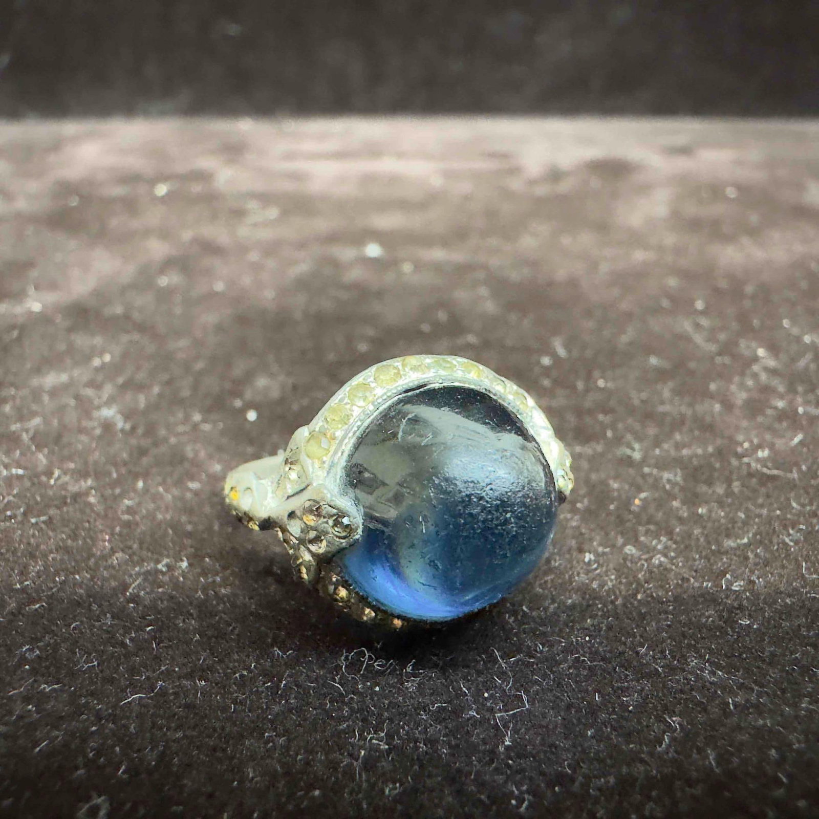Round Blue Glass Cubic Zirconia Setting Accent Sterling Silver Ring: This item is in good pre-owned, previously used/displayed condition with noticeable light wear, and surface scratches. Please reference all photos for full details. This piece of jewelry has been test
