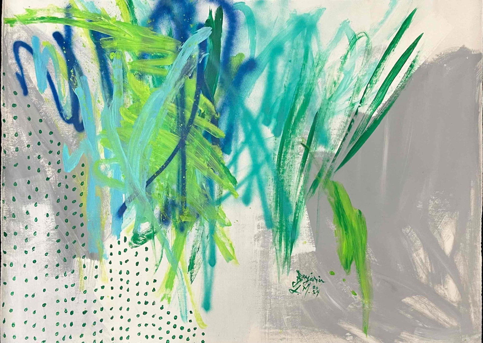 Acrylic Paint And Spray Paint On Canvas IMPROVISATION GREEN BLUE WHITE by BENJAMIN L.M 2024: This lot contains a Acrylic Paint & Spray Paint On Canvas, Improvisation Green Blue White by Benjamin L.M. 2024. Benjamin L.M. is from Adelaide, Australia, and is now based in New Jersey, USA