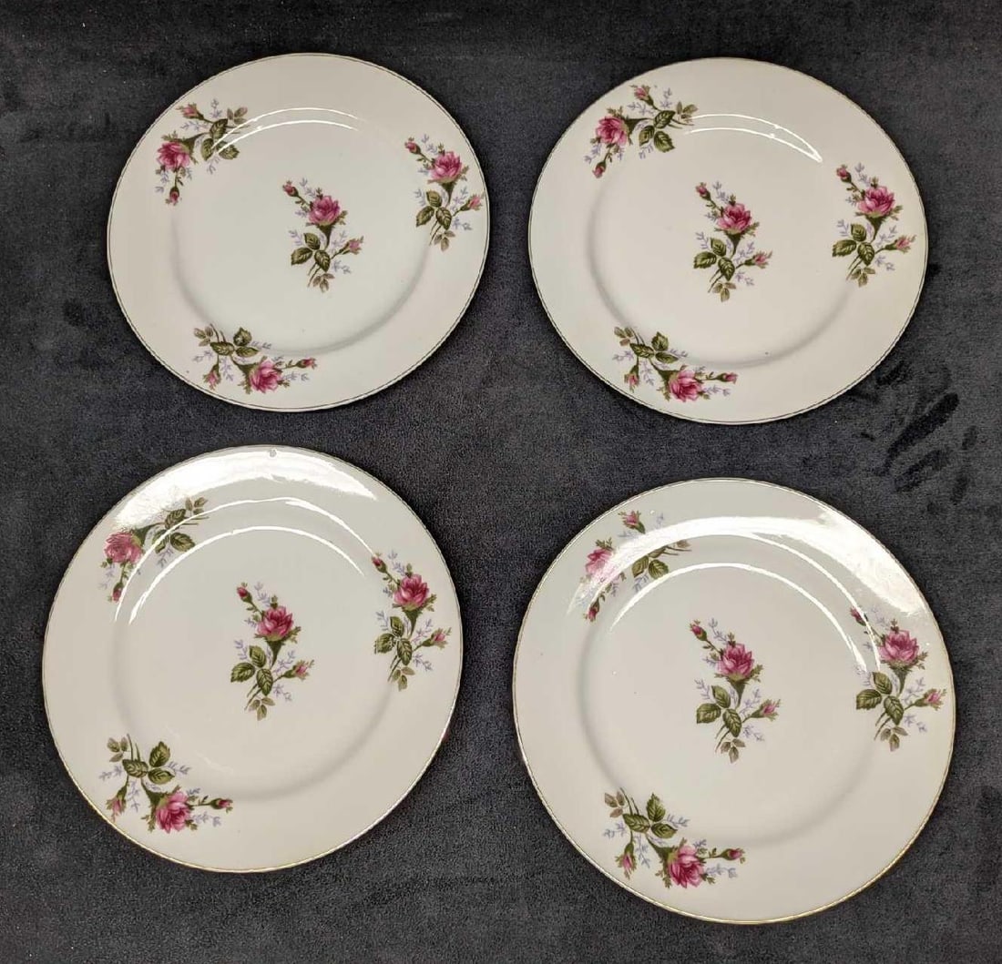 4 Vintage Floral Pattern China Salad Plates: 4 Vintage Floral Pattern China Salad Plates. This is approx 8 1/8" x 8 1/8" x 3/4" and it weighs 3.05lbs. There are no company markings, but is only marked C-165. The plates have some imperfections, "