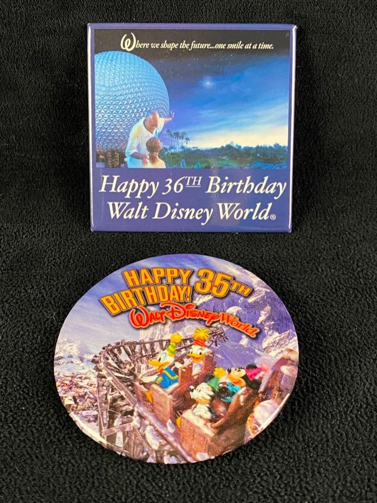 Lot of 2 Disney WDW Anniversary Buttons, 35 & 36: Lot of 2 Disney WDW Anniversary Buttons, 35 & 36 Two Disney buttons from the 35th and 36th anniversaries of Walt Disney World. In excellent condition with no known damage. Approximate size: