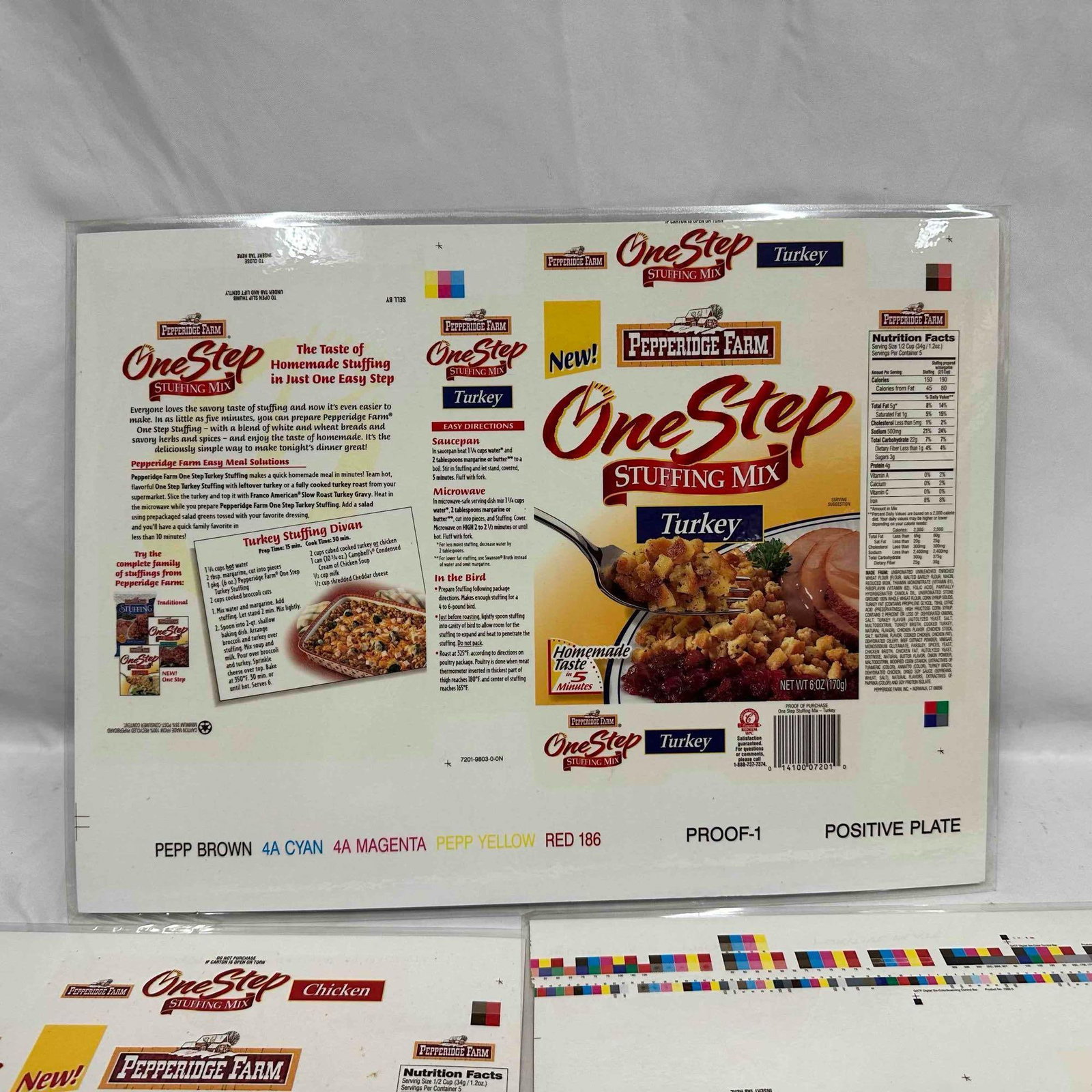 Pepperidge Farm One Step Stuffing Mix Packaging Proofs Mock-Ups: Set of three original Pepperidge Farm One Step Stuffing Mix packaging production proofs, featuring Turkey, Chicken, and Southwestern Cornbread flavors. These were used in the design and printing proce