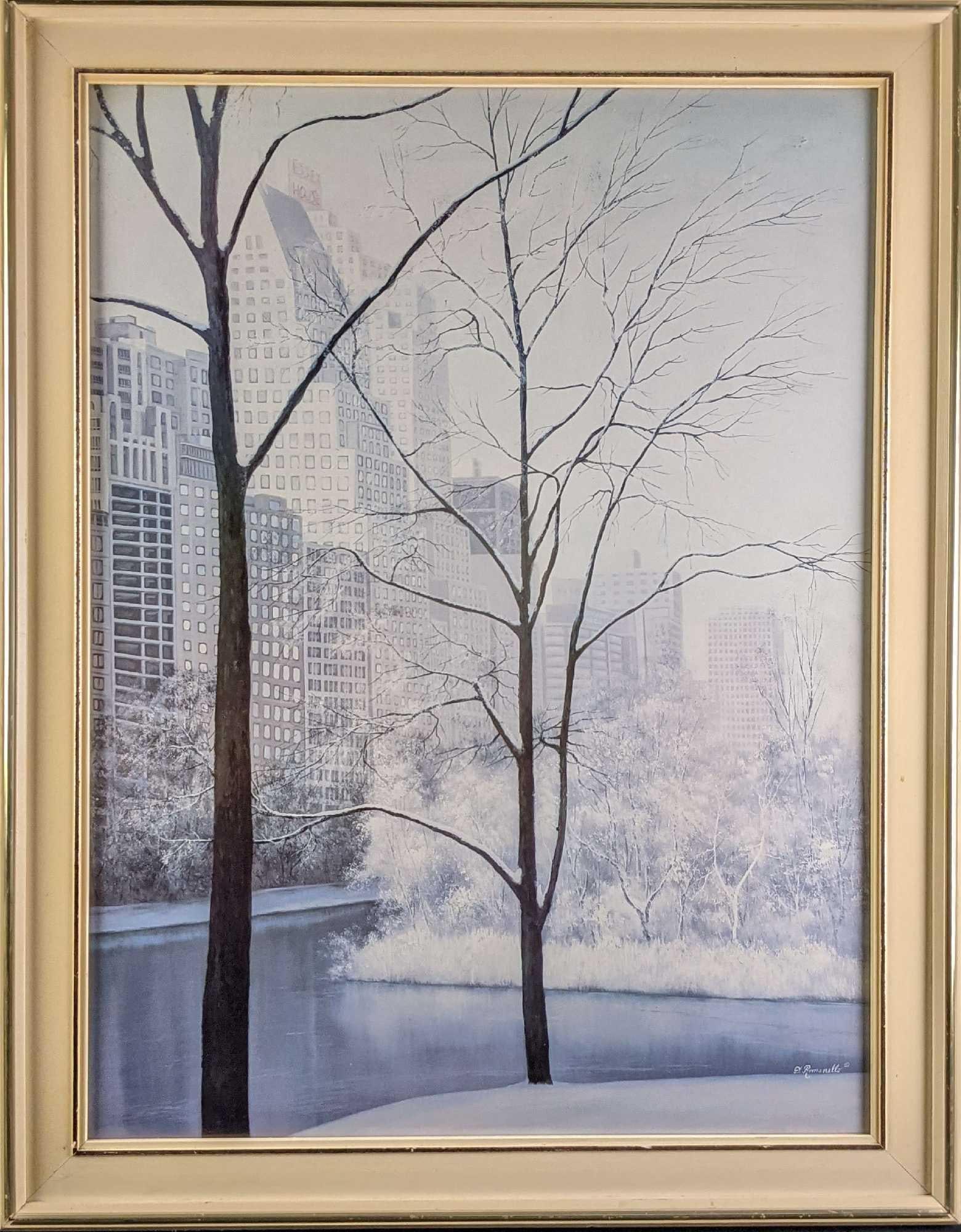 Framed Diane Romanello Central Park During Winter Print: Framed Diane Romanello Central Park During Winter Print. The framed print is approx 28 3/4" x 1 1/4" x 37" and it weighs 12.50lbs. The print is approx 23"x 32". The framed print is in a good, used