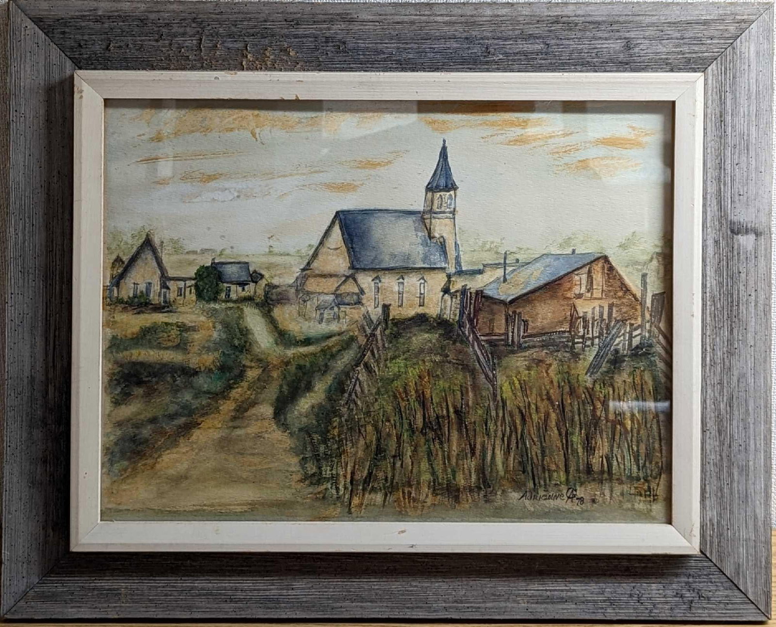 Vintage Framed Original Watercolor Church & Village: Vintage Framed Original Watercolor Church & Village. This original is signed by the artist on the bottom right. The framed original is approx 21" x 2" x 17" and it weighs 4.5lbs. The original