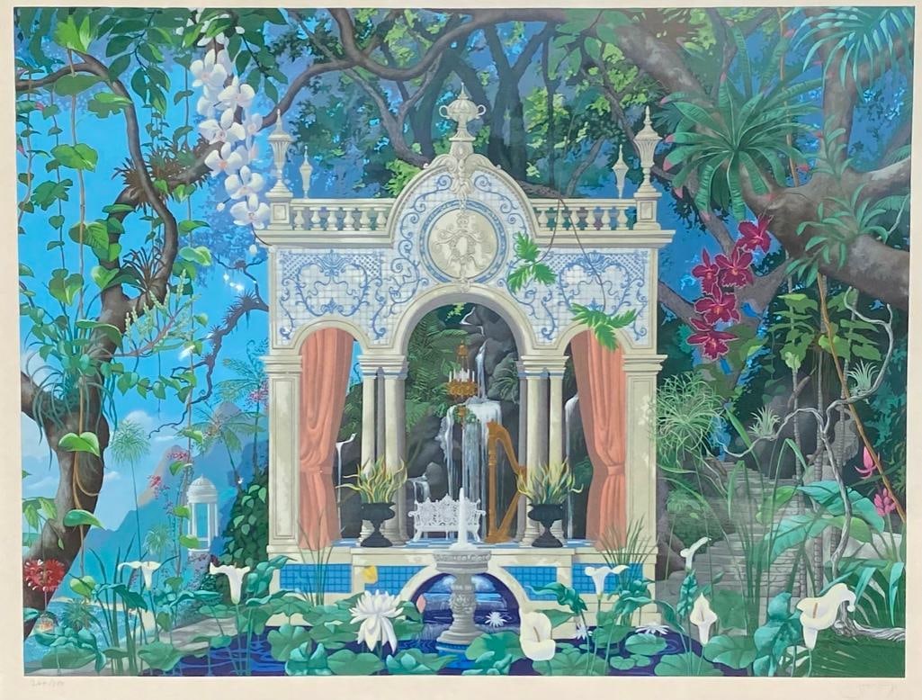 John Kiraly "My Far Pavilion" Serigraph w/ COA: John Kiraly "My Far Pavilion" Serigraph w/ COA This large serigraph by John Kiraly features a neoclassical structure in a brightly colored tropical setting, as is his trademark. Beneath the br