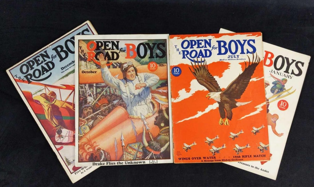 4 Vintage Open Road For Boys Magazines Airflight: This lot includes vintage "The Open Road For Boys". These magazines look pretty good for being from the 1930s. Covers are colorful and suitable for framing. The pages are clean. Most have very