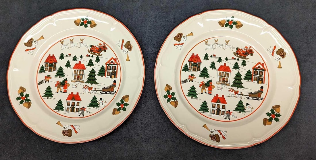 2 Retired Jamestown China Joy Of Christmas Dinner Plates A: 2 Retired Jamestown China Joy Of Christmas Dinner Plates A. Each is approx 10 1/2" x 10 1/2" x 1 1/8" and the total weight is 3.10 lbs. The plates have no chips or cracks.