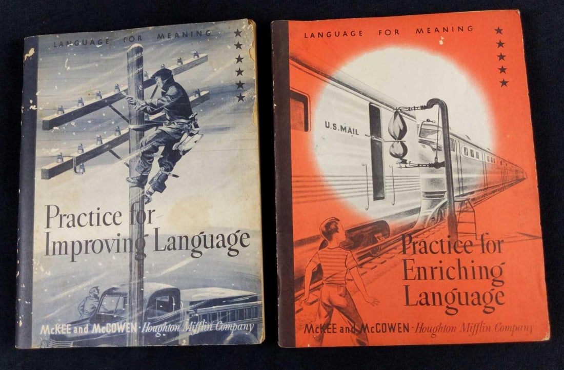 Vintage English Language Softcover School Books 2: This lot includes: (1) Practice For Enriching Language by McKee And McCowen. Published by The Houghton Mifflin Company in 1948. Book is approx 8 1/2 " x 10. The book is in good vintage condition