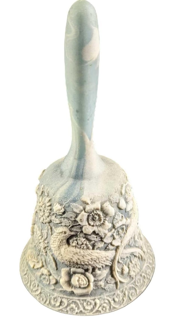Vintage Bird Of Paradise Faux Stone Bell: Vintage Bird Of Paradise Faux Stone Bell. Made to resemble carved stone and is made of a resin. An old bell from India was inserted inside to work as the actual bell. Is approx 3 1/2" x 3 1/2" x