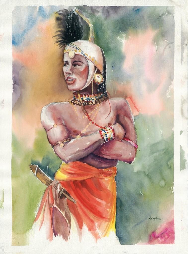 Alice B. Hoffberger Watercolor Portrait Art Print of a Maasai Warrior Giclee: Vibrant watercolor painting giclee art print by Alice B. Hoffberger, depicting a Maasai warrior in traditional attire. The figure is rendered with dynamic color and fine detail, wearing ceremonial