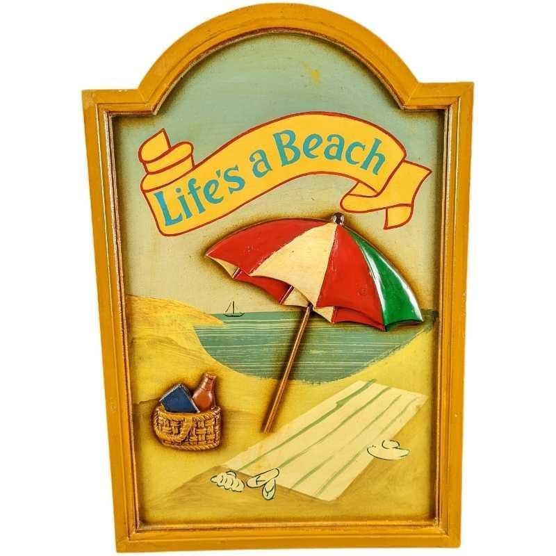 Wooden Pub Style Life’s A Beach Sign: 3D Wooden Pub Style Life’s A Beach Sign. Hand-painted "Pub" sign. The sign is approx 15 3/4" x 1" x 23 1/2" and it weighs 5.5lbs. The wooden sign is in a good, vintage condition with some markin