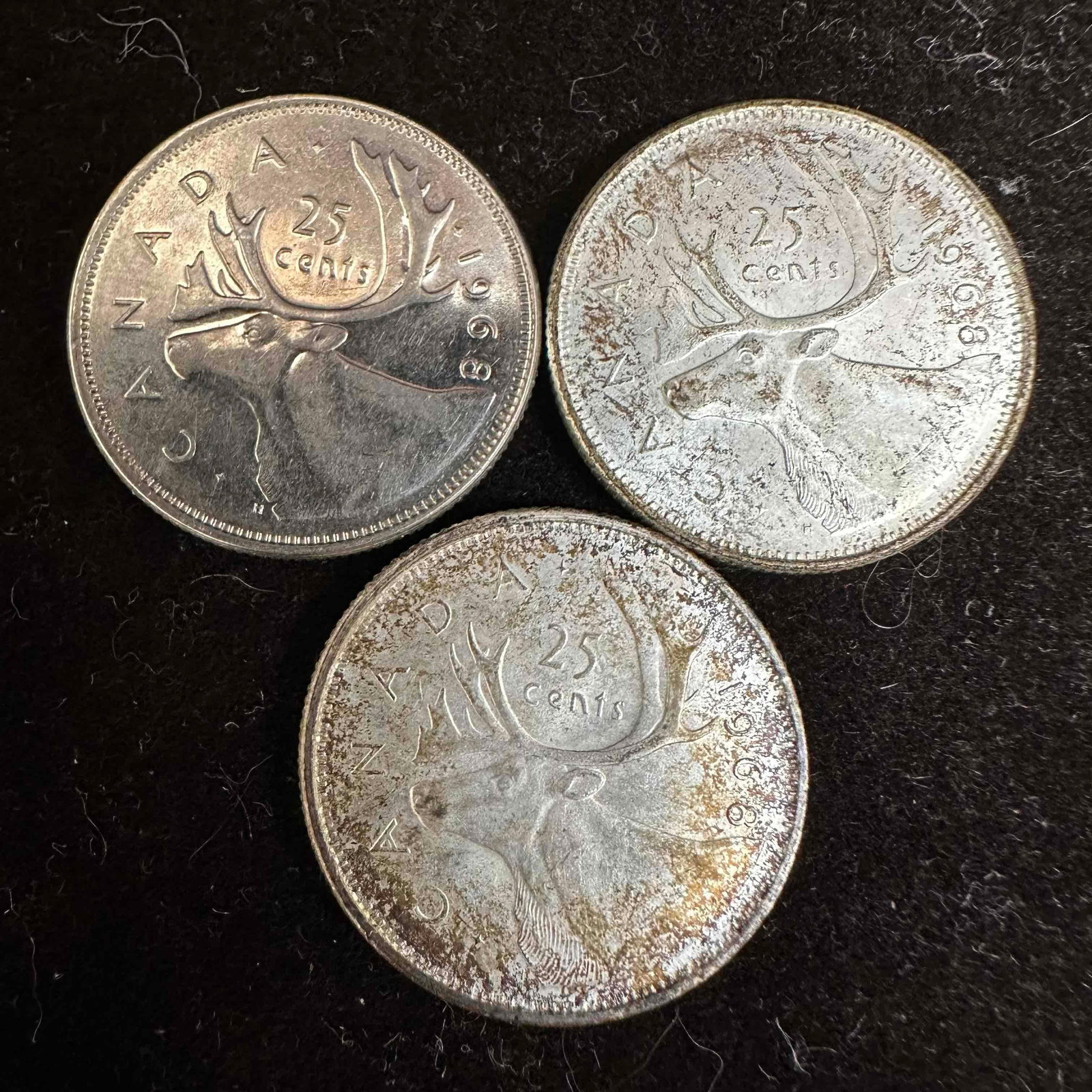 1968 Canada Quarter 25 Cent Silver Coin Collection Three Canadian Quarters: These coins have been tested and researched to the best of our ability prior to listing. Please view photos, as they are a part of the condition. DETAILS: Metal - .500 Silver Tested - Yes Size - 23.88