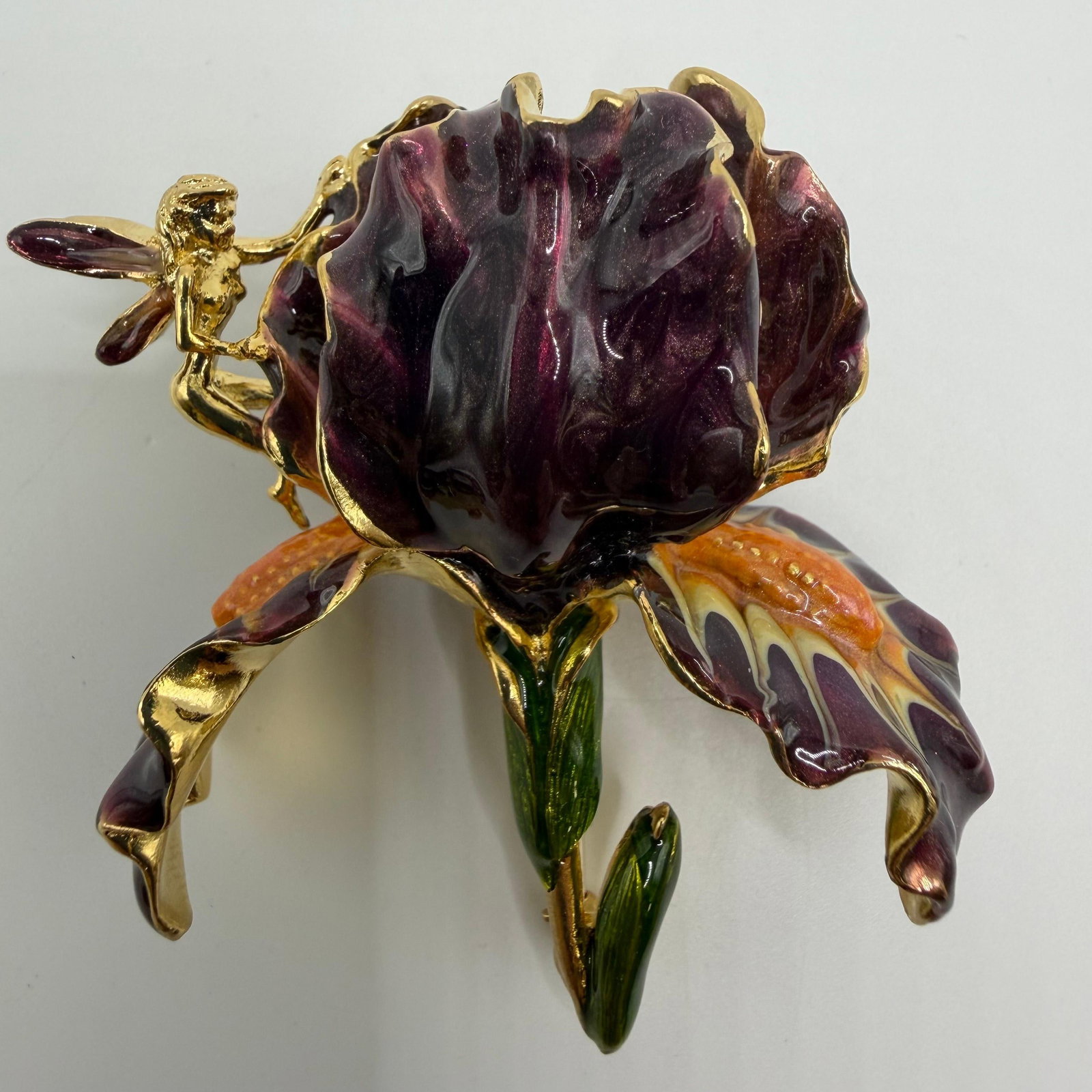 Kirks Folly Purple Orquid Iris Fairy 3D Enamel Pin Brooch Flower: Signed Kirks Folly oversized fantasy brooch featuring a sculptural purple enamel iris blossom accented with a seated fairy, hand-painted enamel leaves, and gold-tone finish. A highly dimensional