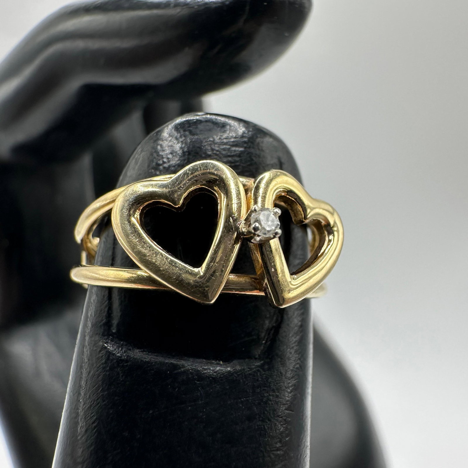 14K Gold Double Open Heart Round Accent Diamond W90: This item is in good pre-owned, previously used/displayed condition with noticeable light wear and surface scratches. Please reference all photos for full details. This piece of jewelry has been teste