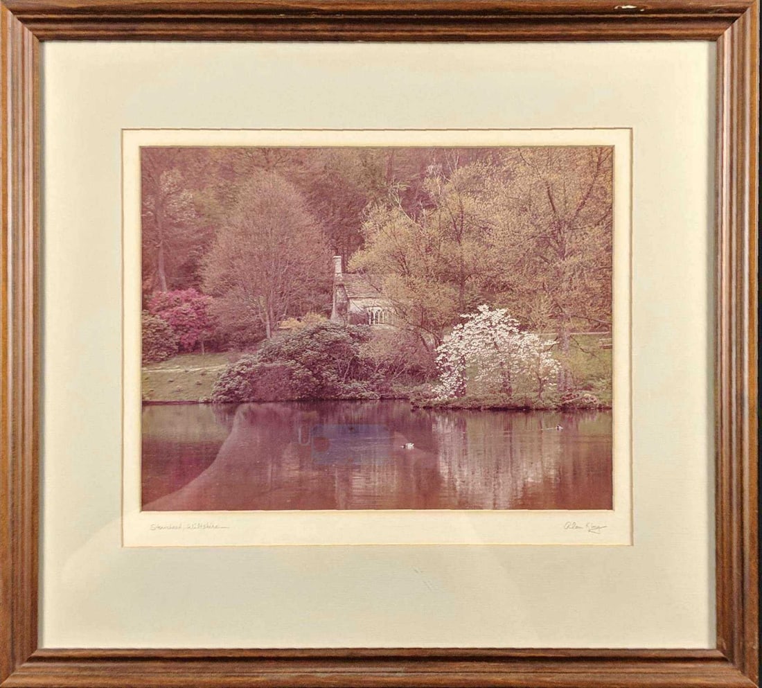 Framed Alan King Photo Of Stourhead Wiltshire: Here is a photo of what is either a cottage or one of the temples at the Historical Stourhead Estate in the English county of Wiltshire. Photo was taken by Alan King and is signed by the ar