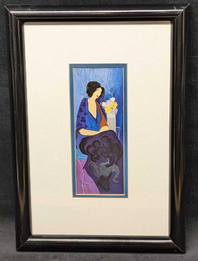Framed Itzchak Tarkay Lady In Blue Print R42: Framed Itzchak Tarkay Lady In Blue Print R42. The framed offset lithograph print is approx 12" x 1 1/4" x 17" and it weighs 2.50lbs. Please note, the print was not signed by the artist. The frame