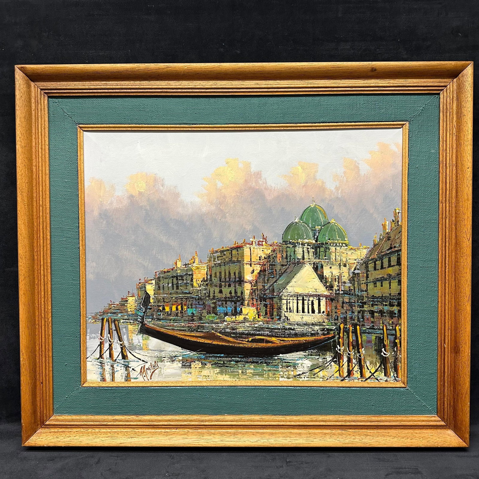 Andrew Apostoli Signed Venetian Canal Scene Oil Painting on Canvas Framed: Original oil painting on canvas signed by Andrew Apostoli. The composition captures a Venetian canal with a gondola in the foreground and historic architecture, including domed buildings, rising in th