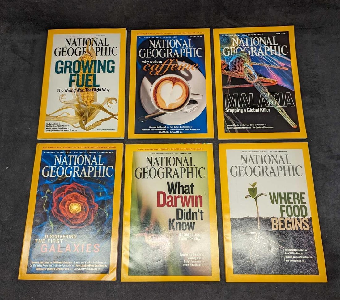 6 Year 2000s National Geographic Magazines: 6 Year 2000s National Geographic Magazines. This lot includes: (1) January 2005 - Why We Love Caffeine. (1) July 2007 - Malaria Stopping A Global Killer. (1) October 2007 - Growing Fue