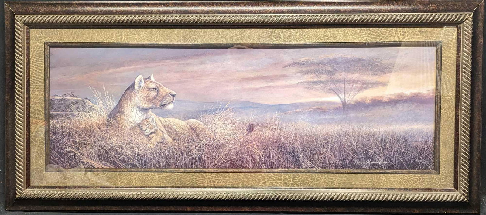 Framed Ruane Manning Lioness & Cub Forever Safe Print: Framed Ruane Manning Lioness & Cub Forever Safe Print. "Forever Safe" By Ruane Manning. This framed print is approx 43 1/2" x 1/2" x 19 1/2" x and it weighs 11lbs. Please note, the signature is