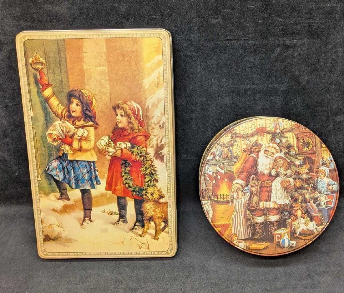 2 Vintage Style Christmas Santa Claus Children Tins: 2 Vintage Style Christmas Santa Claus Children Tins. This lot includes: (1) Santa Claus With Children And Toys Round Tin. This is approx 8" x 3 1/2" x 8". (1) Mary Evans Image On A Tin.