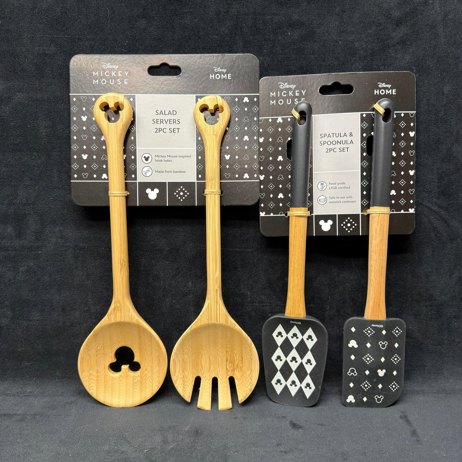 Disney Spatula and Spoonula Salad Server Utensil Set: Disney utensil sets featuring Mickey Mouse and Disney icons. These items are in like-new, previously stored condition with wear and surface scratches/markings. Please refer to all photos for full cond