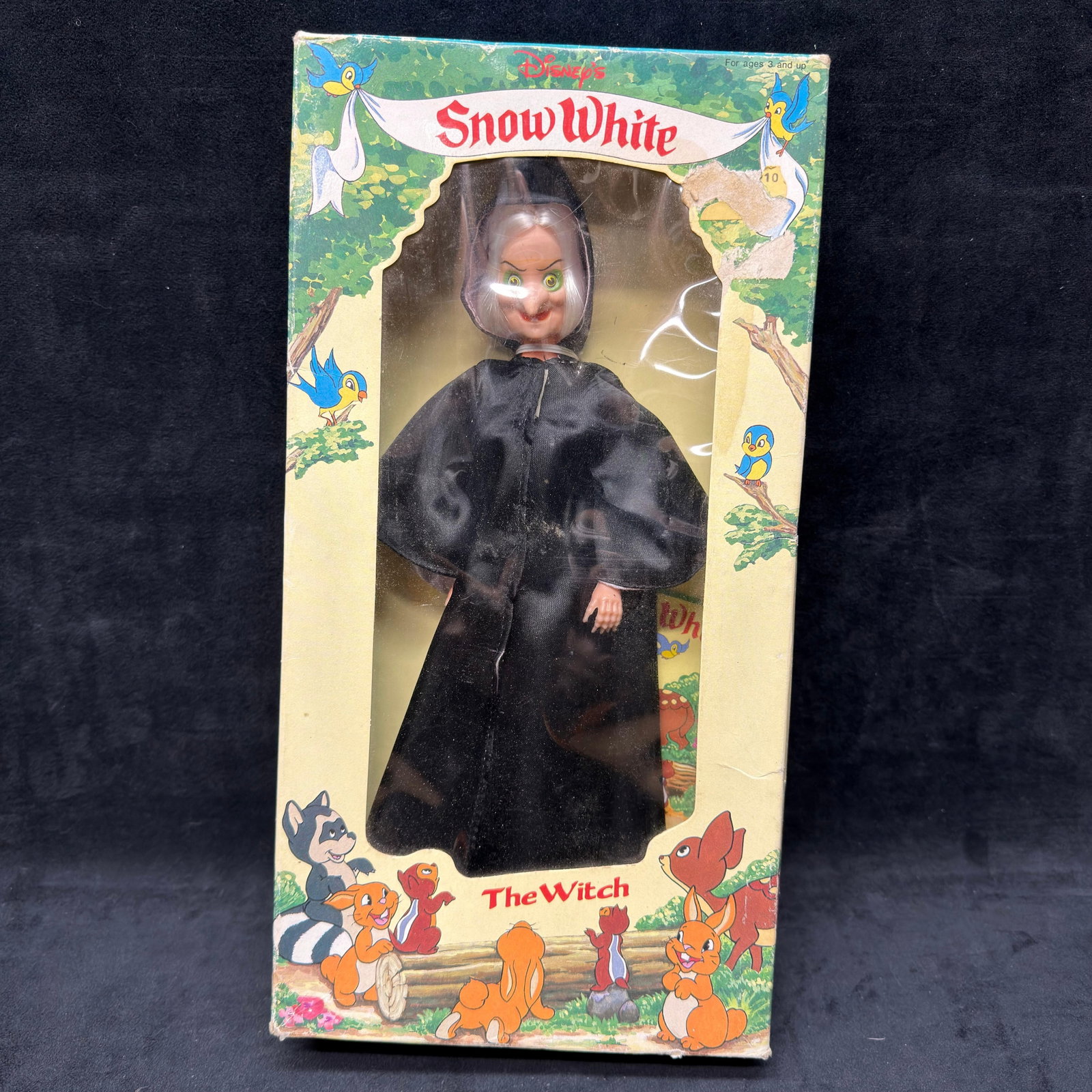 Disney Snow White The Witch Doll: Vintage in original box. This item is in pre-owned, previously stored/displayed condition with wear, tears, discoloration on the packaging, and surface markings. Please refer to all photos for full co