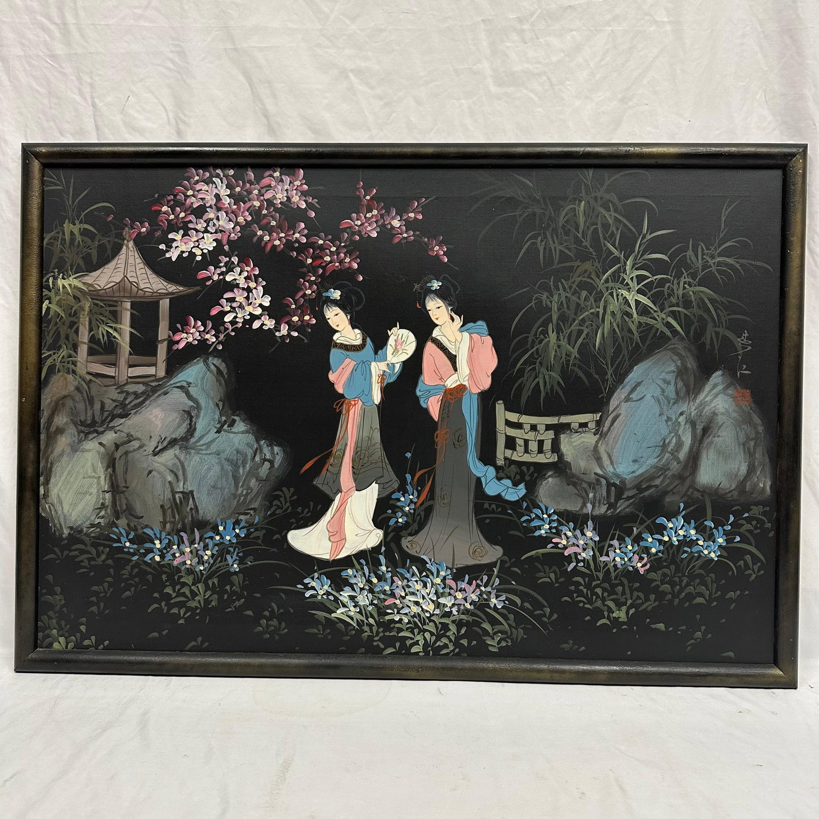 Asian Geisha Women in a Garden Under Cherry Blossoms Framed Oil on Canvas (1 of 9)