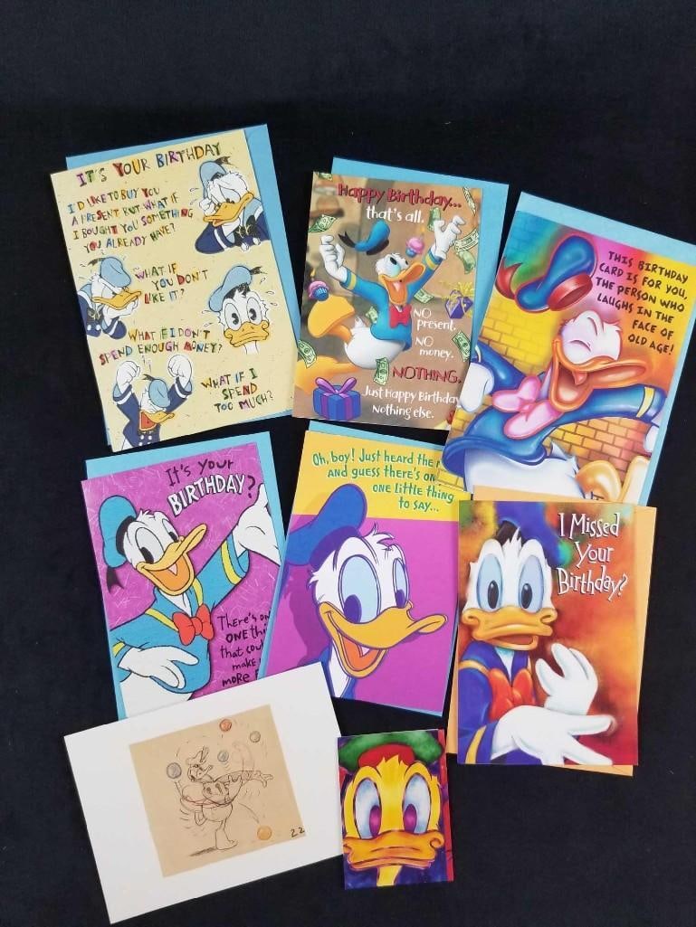 Disney Donald Duck Lot Of Eight Birthday Cards: Disney Donald Duck Lot Of Eight Birthday Cards. Lot of different Donald Duck Birthday cards. Most have their envelopes except for the last two. There are light creases on the envelopes. Cards are