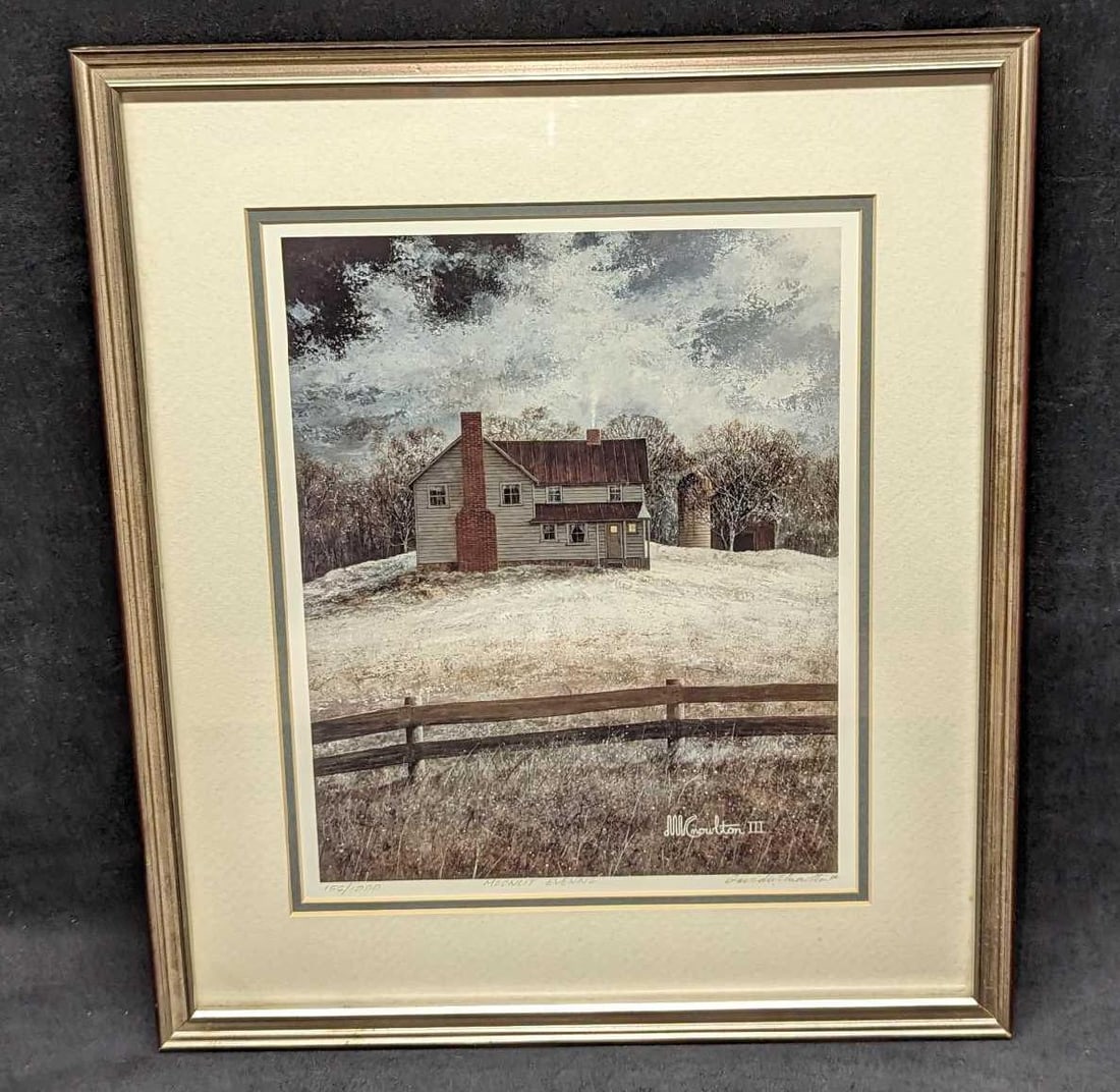 Framed S&N David Knowlton Moonlit Evening Print: Framed S&N David Knowlton Moonlit Evening Print. This one is #156 out of #1000. The framed print is approximately 13 1/4" x 1 1/2" x 15 1/4" and it weighs 2.10lbs. The frame has some chips and signs o